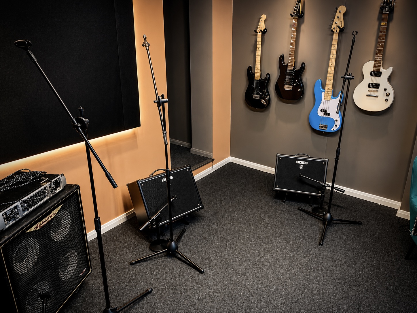 Electric guitars and amps in studio environment