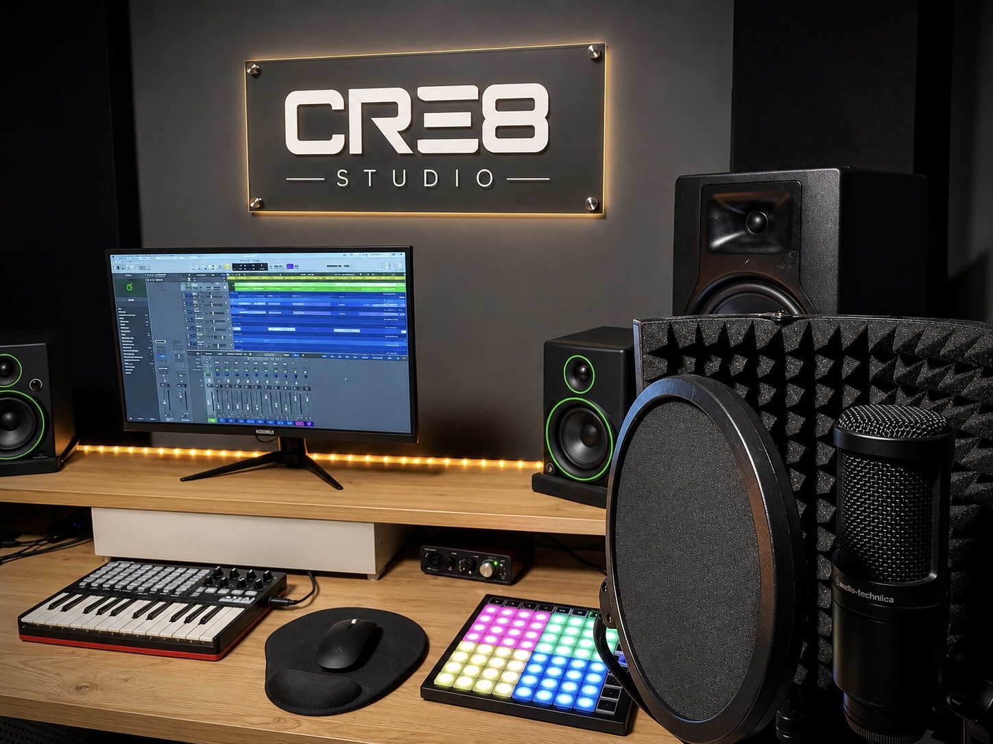 Professional mixing desk and studio monitors