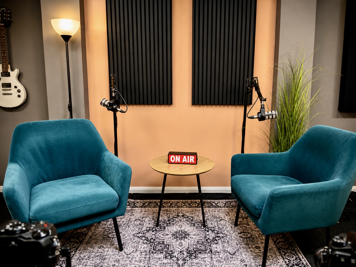 Podcast recording session seating area